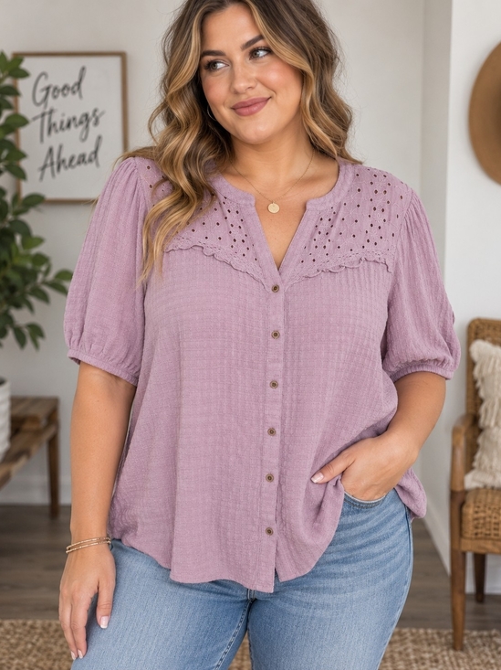 Knox Rose Tops - Knox Rose Lavender Eyelet Button Front Blouse Women’s XXL
